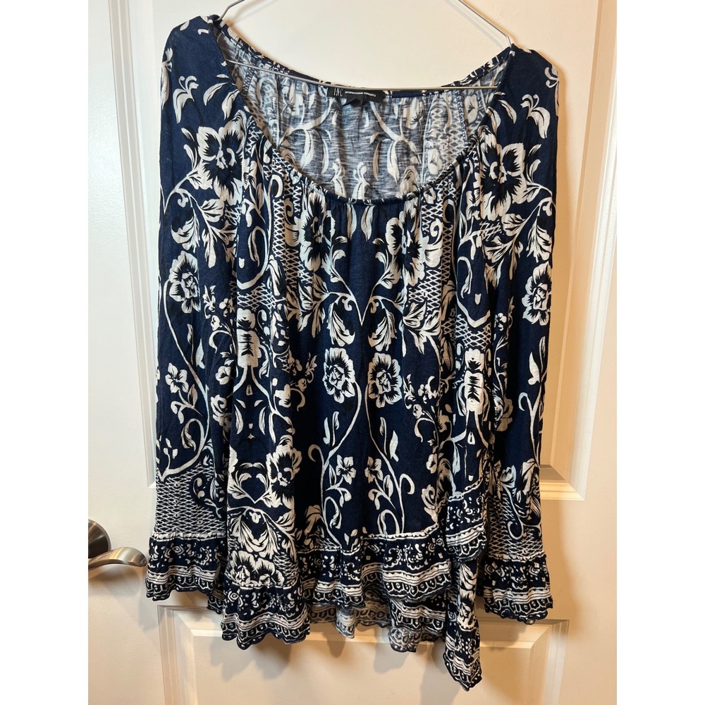 INC Womens Peasant Top Floral Border Print Navy Blue XL